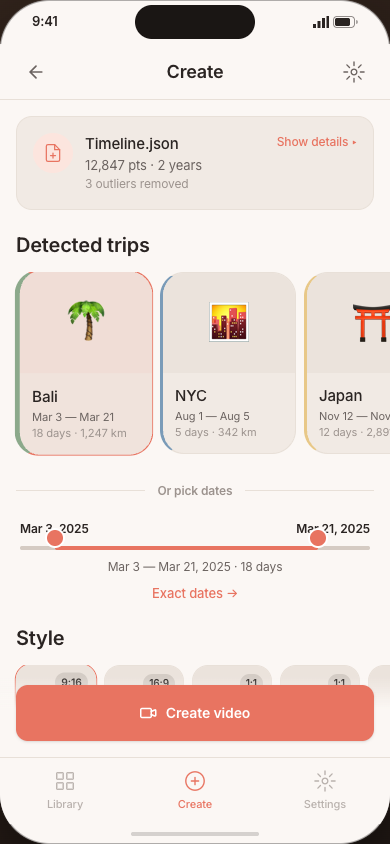 Create screen showing auto-detected trips after importing a Timeline file