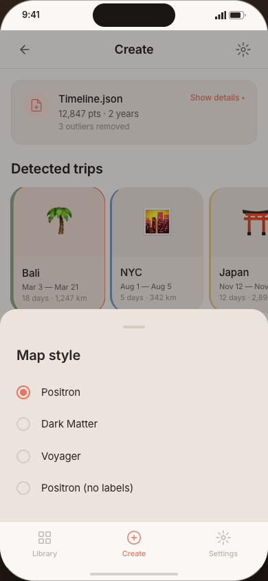 Map style bottom sheet with several map style options