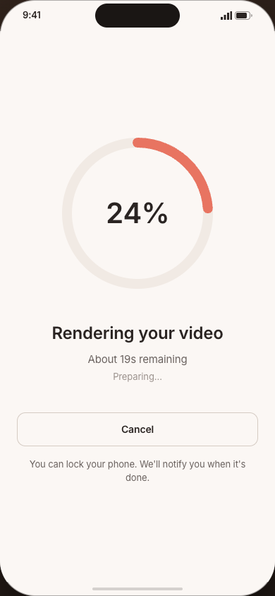 Render progress screen with a progress ring and estimated time remaining
